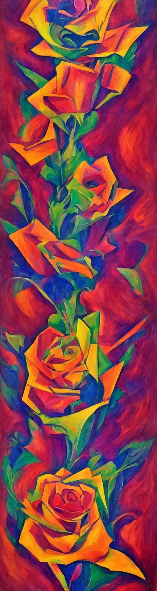 Image similar to an art deco painting of a rose, by joseph stella, synthwave, behance contest winner, crystal cubism, digital illustration