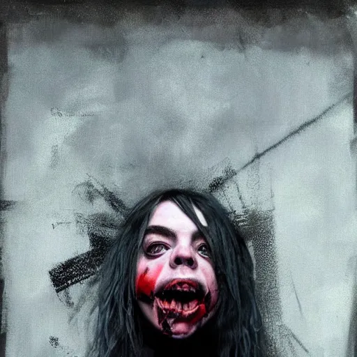 Prompt: grunge painting of billie eilish by michal karcz in the style of chucky | freddy krueger style