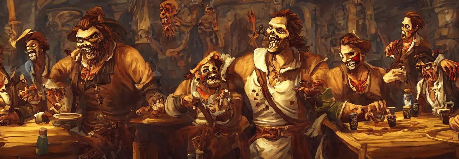 Prompt: Painting of zombie pirate LeChuck sitting in a tavern with his rival Guybrush Threepwood and grimly drinking grog, concept art