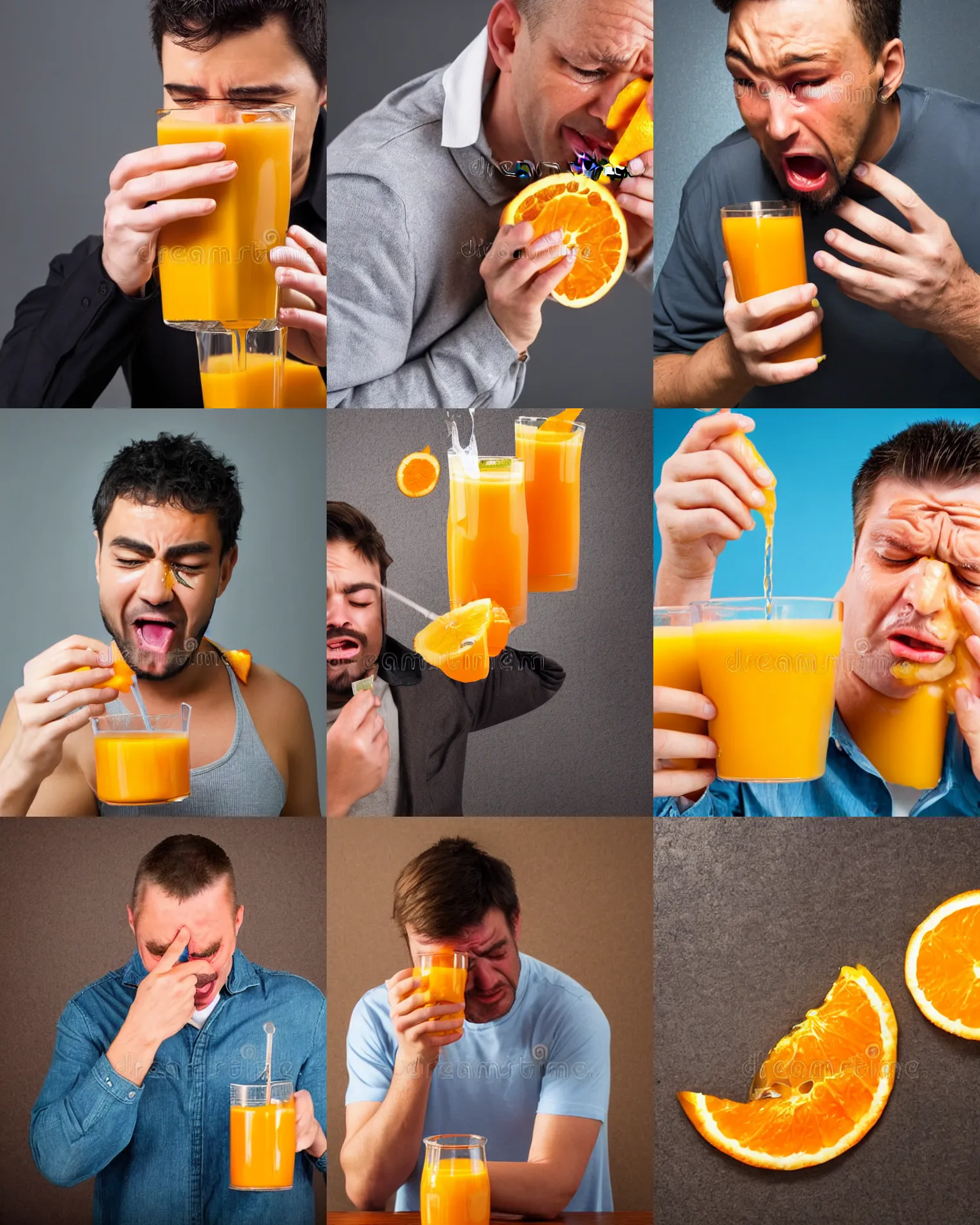 Prompt: man crying tears of orange juice, stock photography