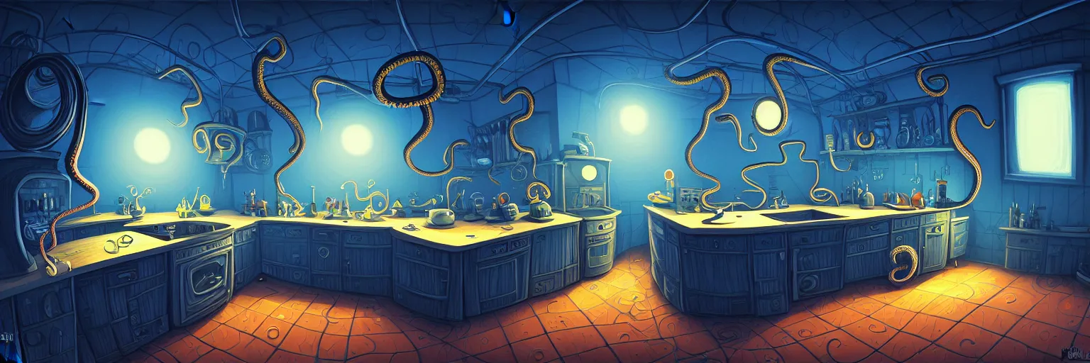 Prompt: night vision dark palette, fisheye spiral lines, naive octopus, extra narrow, detailed illustration of a kitchen, large floor, octopus shaped by rhads from lorax movie, trending artstation, dark blue
