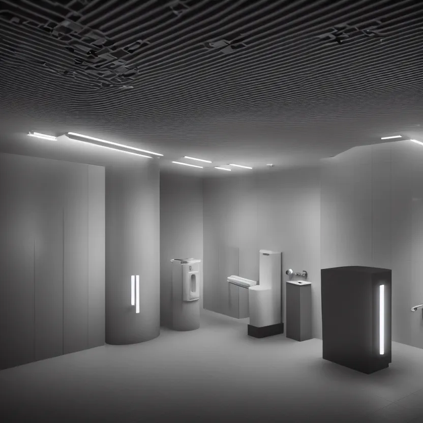 Image similar to an infinite public restroom with endless stalls and endless sinks fading into the distance, cinematic lighting, volumetric lighting, award winning photography, highly detailed, intricate, elegant, smooth, sharp focus, 4 k wallpaper, unreal engine, 9 0 mm, f / 1. 4