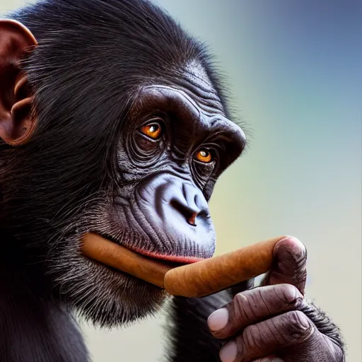 Image similar to a high detail shot of a chimp wearing a suit, smoking a cigar, render, cgsociety, photorealism