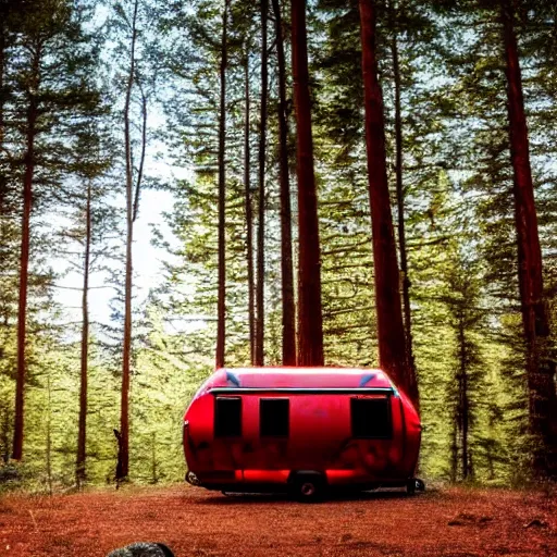 Image similar to a metal camper in a forest clearing, pillar of red light visible in background