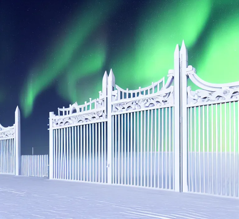 Image similar to a very detailed concept art of intricate and minimalistic white gates to aurora borealis, trending on artstation, symmetry, digital art, 4 k, hyper realistic, octane render, sharp focus