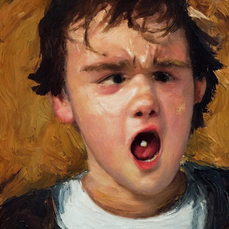 Image similar to warmly lit close up studio portrait of young angry! teenage George Costanza angrily singing, impasto oil painting thick brushstrokes by Cy Twombly and Anselm Kiefer , trending on artstation dramatic lighting Expressionism