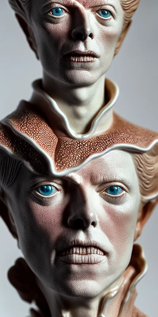 Image similar to David Bowie , A Close up photo-real delicate ceramic porcelain sculpture of a symmetrical ornate detailed in front of an intricate background by Victo Ngai and takato yamamoto, micro detail, backlit lighting, face in focus, subsurface scattering, translucent, thin porcelain, octane renderer, colorful, physically based rendering, japanese pottery, trending on cgsociety