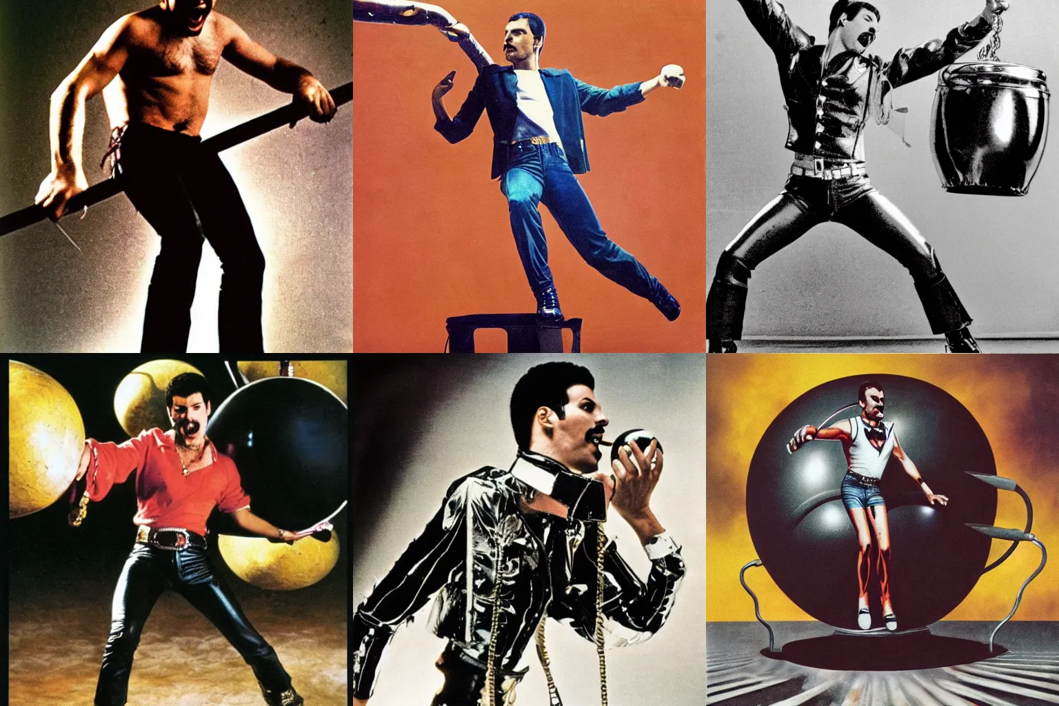 Prompt: freddy mercury riding a wrecking ball, album cover, 1 9 8 5