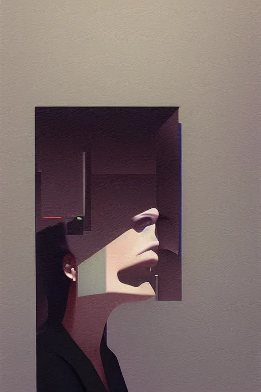 Image similar to woman wearing Oculus and digital glitch head Edward Hopper and James Gilleard, Zdzislaw Beksisnski, higly detailed