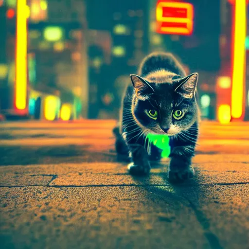 Image similar to professional photograph of a cat in a neon dystopian city, high quality, highly detailed, HD, 8K