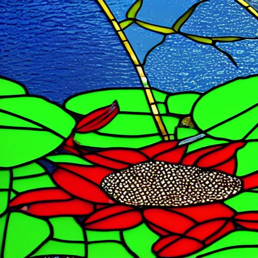 Prompt: stained glass with red carps and green lily pads in blue water by rupi kaur, digital art, 4 k, trending on artstation