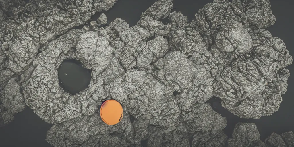 Image similar to cinematic shot of a lake with a rope floating in the middle, a rocky foreground, sunset, a bundle of rope is in the center of the lake, eerie vibe, leica, 2 4 mm lens, 3 5 mm kodak film, f / 2 2, anamorphic