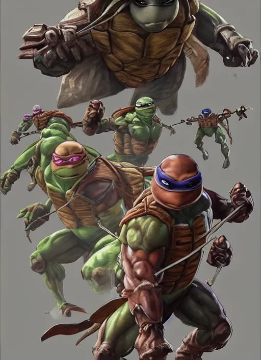 Prompt: elegant renaissance concept art of a male young muscular teenage mutant ninja turtle 1 9 9 0 film, full figure dynamic fighting pose, fantasy, intricate, highly detailed, digital painting, artstation, smooth, sharp focus, illustration, art by artgerm and greg rutkowski and alphonse mucha