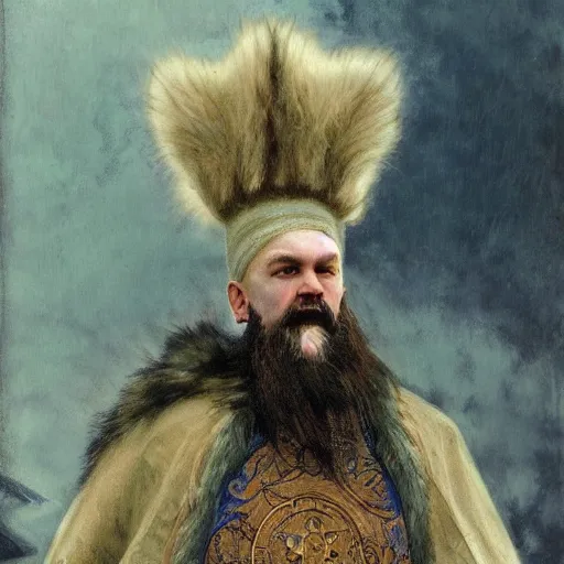 Image similar to portrait of bald, middle-aged Slavic Viking priest wearing thick fur collar and vestments, and standing tall in the blizzard, with fading blue woad tattoos on forehead, head, and cheeks, portrait by Anato Finnstark, Alphonse Mucha, and Greg Rutkowski