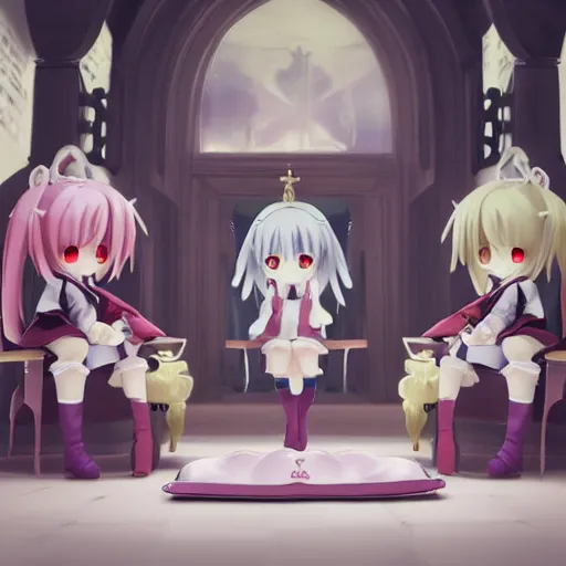 Image similar to the council of fumo plush convenes to judge your sins, lit from below, dramatic courtroom image, anime girls, vray