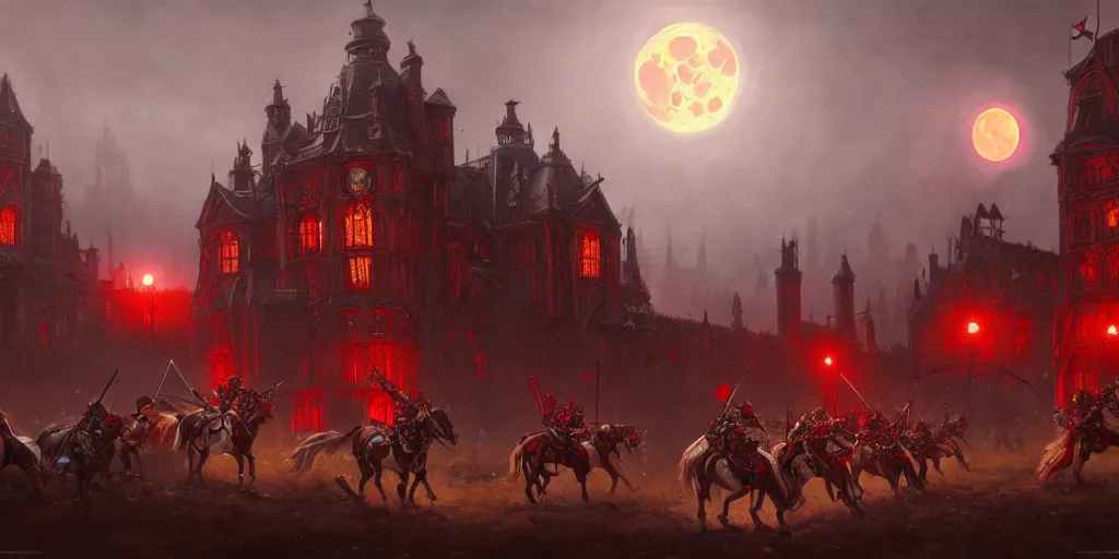 Image similar to highly detailed portrait painting of victorian warhammer battle, old abadia in the background, full red moon, by eddie mendoza and tyler edlin, 8 k resolution