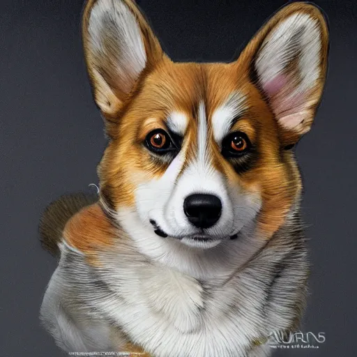 Prompt: a photograpic portrait of a corgi, fantasy, intricate, elegant, highly detailed, digital painting, artstation, concept art, smooth, sharp focus, illustration, art by artgerm and H R Giger and alphonse mucha