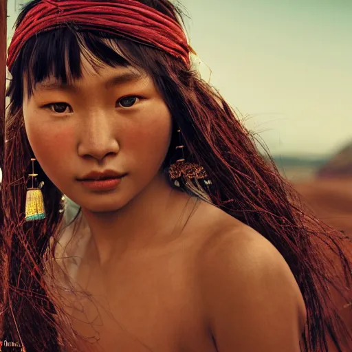 Image similar to portrait of a stunningly beautiful asian steppes tribal female, depth of field, zeiss lens, detailed, symmetrical, centered, fashion photoshoot, by Annie Leibovitz and Steve McCurry, David Lazar, Jimmy Nelsson, Breathtaking, 8k resolution, extremely detailed, beautiful, establishing shot, artistic, hyperrealistic, beautiful face, octane render