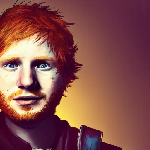 Prompt: ed sheeran portrait, borderlands, tales from the borderlands, the wolf among us, comic, cinematic lighting, studio quality, 8 k