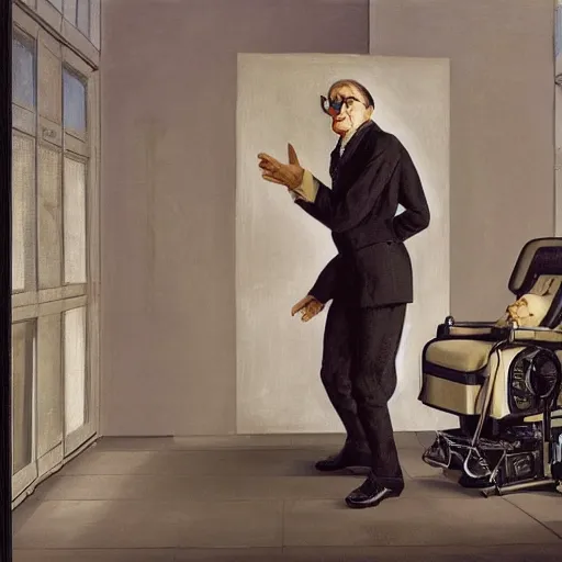 Image similar to walking down the catwalk, stephen hawking in an exoskeleton suit, sci - fi painting by pieter claesz and james c. christensen