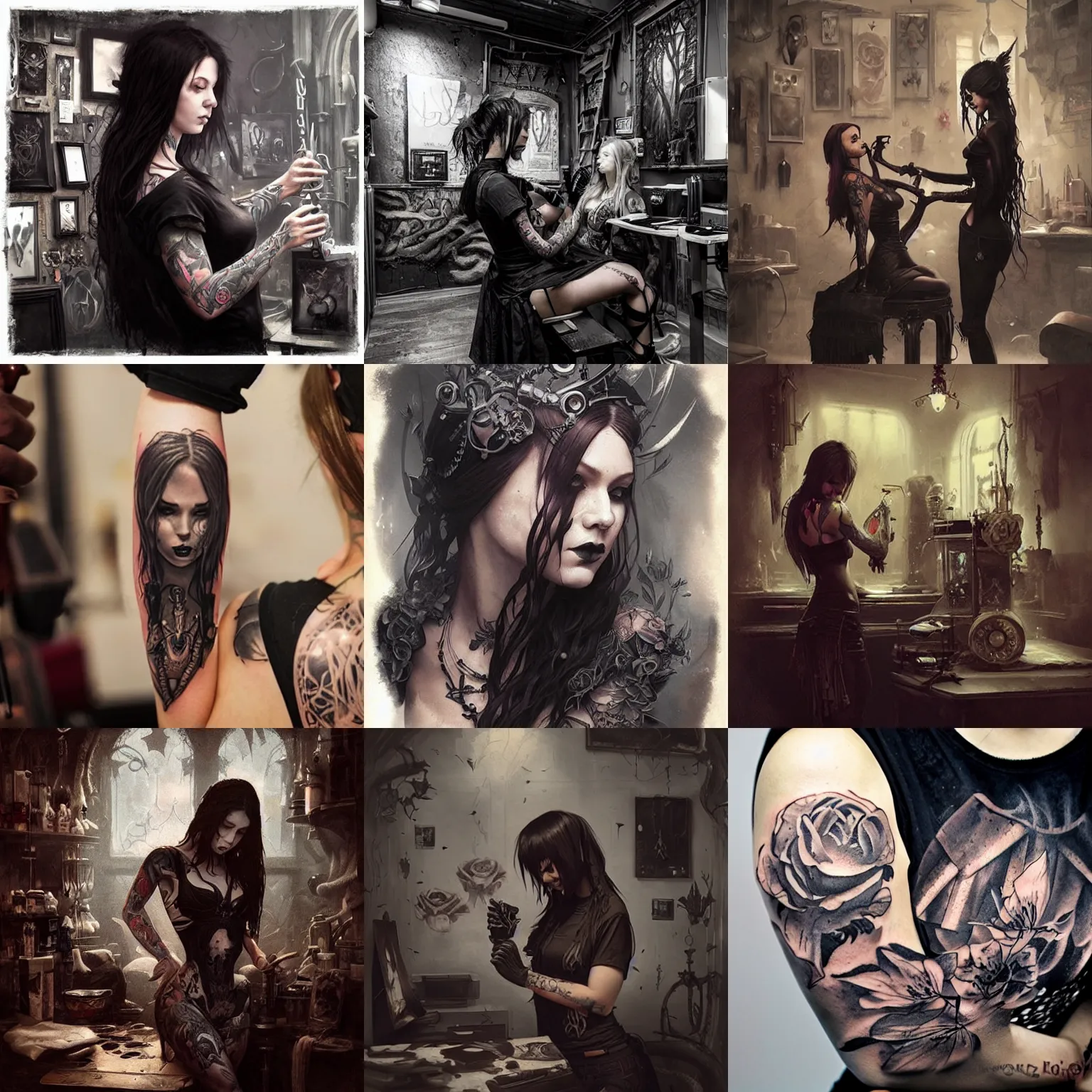 Image similar to female tattoo artist in gothic tattoo studio, greg rutkowski