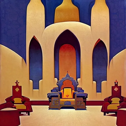 Image similar to an illustration of a throne room, by nicholas roerich, by frank frazetta by georgia o keeffe by frederick william elwell, by hans emmenegger, by eyvind earle highly detailed, realistic, outline, line work, fantasy, oriental, stylised flat colors, animation