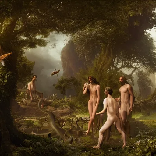 Image similar to God angy in the Garden of Eden. Adam and Eve look very guilty and the snake is leaving the scene quietly - Matte painting , detailed painting, made by Greg Rutkowski, 4k resolution, atmospheric, breathtaking