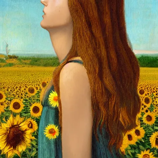 Prompt: a girl in amazing tall sunflower field, her hair flowing down, subtle, intricate details, real masterpiece, oil on canvas, by leonardo da vinci, vitalik buterin