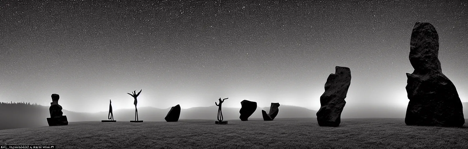 Image similar to to fathom hell or soar angelic, just take a pinch of psychedelic, medium format photograph of two colossal minimalistic necktie sculpture installations by antony gormley and anthony caro in yosemite national park, made from iron, marble, and limestone, granite peaks visible in the background, taken in the night