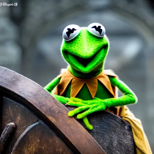 Image similar to first shot of kermit the frog in game of thrones, ( eos 5 ds r, iso 1 0 0, f / 8, 1 / 1 2 5, 8 4 mm, postprocessed, crisp face, facial features )