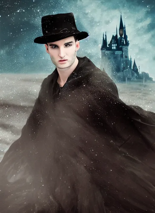 Prompt: portrait of the sandman morpheus ， no beard tom sturridge, and eyes like stars, rules dream world, with dream kingdom in the background,, wearing dark cloak, digital art, - n 9