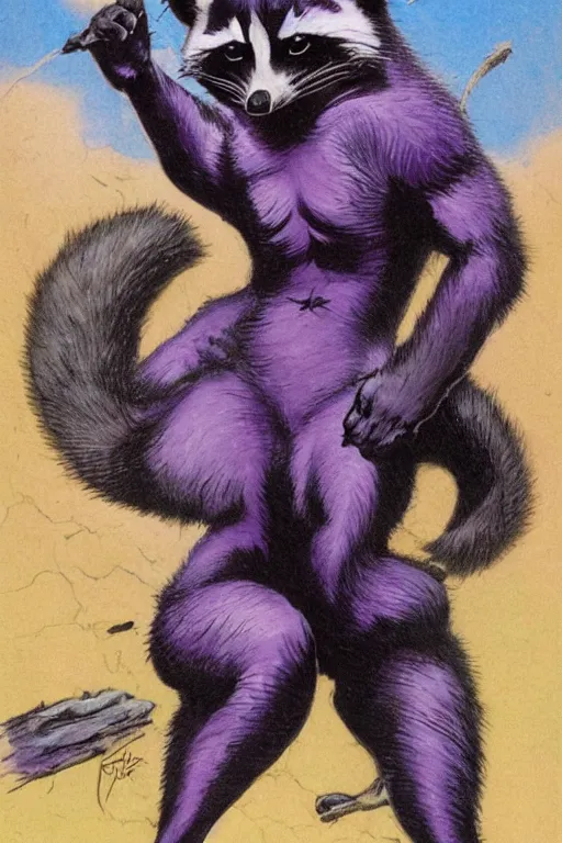 Prompt: purple stelar raccoon in the style of frank frazetta