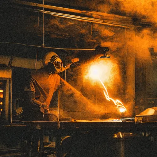 Image similar to cyborg with toaster oven chest, dark messy smoke - filled cluttered workshop, dark, dramatic lighting, orange tint, sparks, cinematic, highly detailed, sci - fi, futuristic, movie still