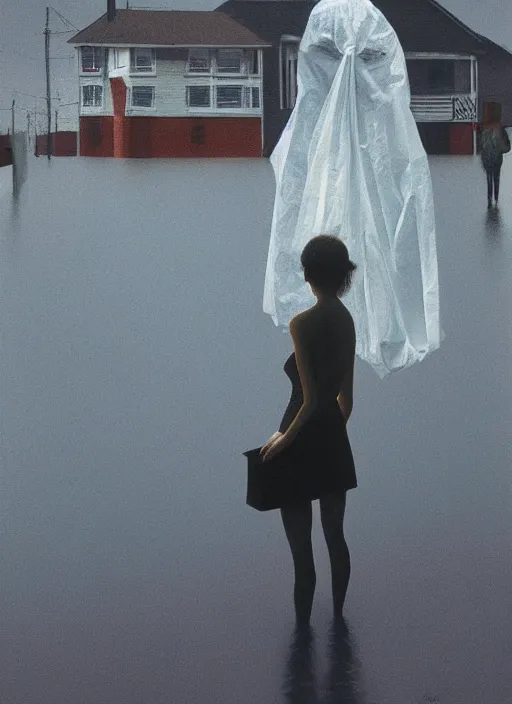 Prompt: woman in vr headset made of paper, dressed in plastic bags, on flooded street Edward Hopper and James Gilleard, Zdzislaw Beksinski, highly detailed