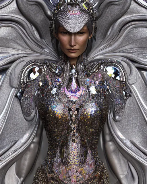 Image similar to a highly detailed metahuman 4 k close up render of an alien goddess bella hadid monument in iris van herpen armor schiaparelli in diamonds crystals swarovski and jewelry iridescent in style of alphonse mucha gustav klimt trending on artstation made in unreal engine 4