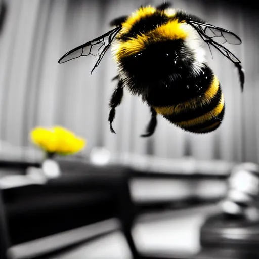 Image similar to a photo of a bumble bee in a court room surrounded by other incects awaiting a verdict, 5 0 mm lens, f 1. 4, sharp focus, ethereal, emotionally evoking, head in focus, volumetric lighting, blur dreamy outdoor,