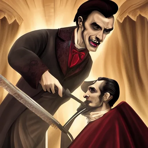 Image similar to dracula getting a haircut, digital art, highly detailed, epic composition, cinematic lightning