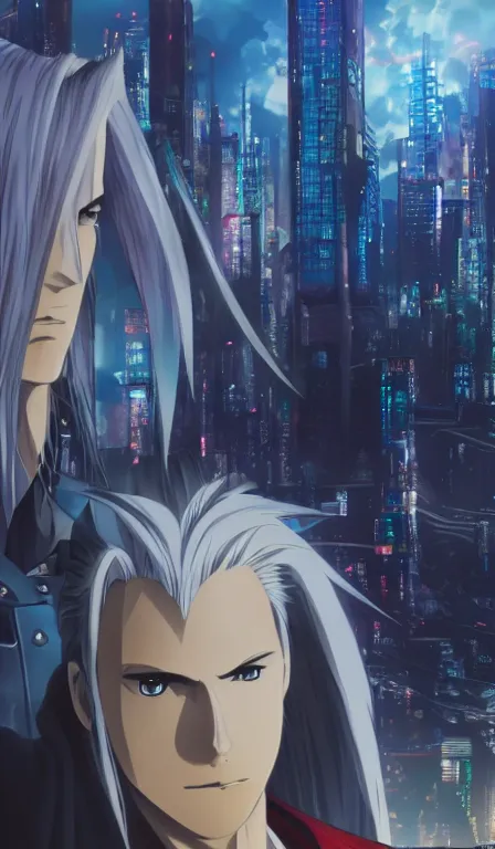 Image similar to anime fine details portrait of Sephiroth in front of cyberpunk moder city landscape on the background deep bokeh, close-up view, anime masterpiece by Studio Ghibli. 8k, sharp high quality anime, artstation