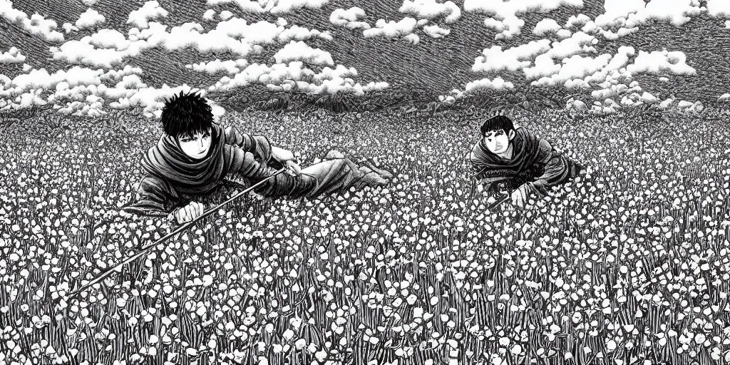 Image similar to Guts in a serene flower field by Kentaro Miura, highly detailed, black and white