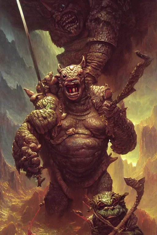 Prompt: a dungeons and dragons ogre, realistic oil painting by Thomas Cole and Wayne Barlowe