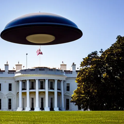 Prompt: ufo lands on whitehouse lawn