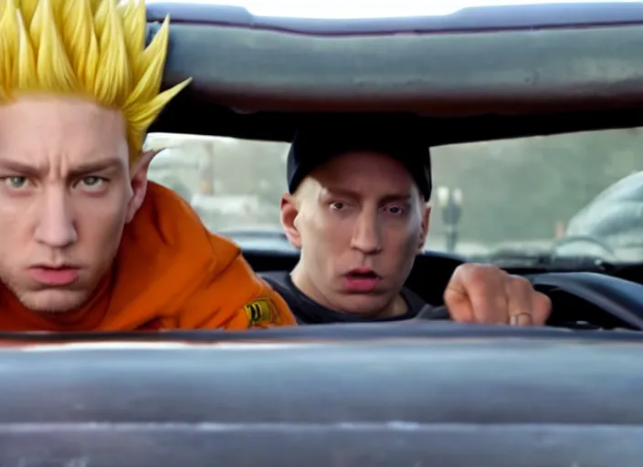 Prompt: a very high resolution image from a new movie, eminem going super saiyan driving a car. inside of a car. alone. mountains, directed by wes anderson