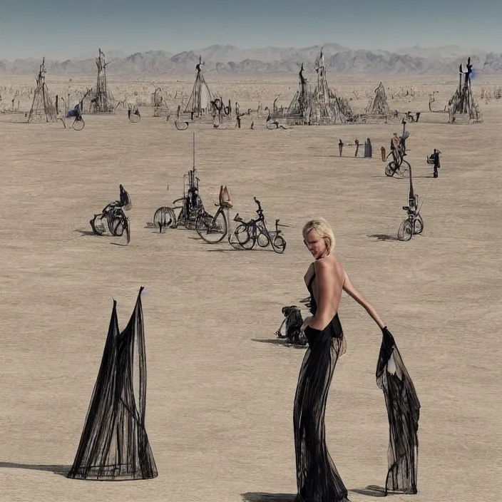 Image similar to Charlize Theron. intricate artwork. in black rock desert, ((at burning man)). octane render, trending on artstation, very coherent symmetrical artwork. cinematic, hyper realism, high detail, octane render, 8k, iridescent accents