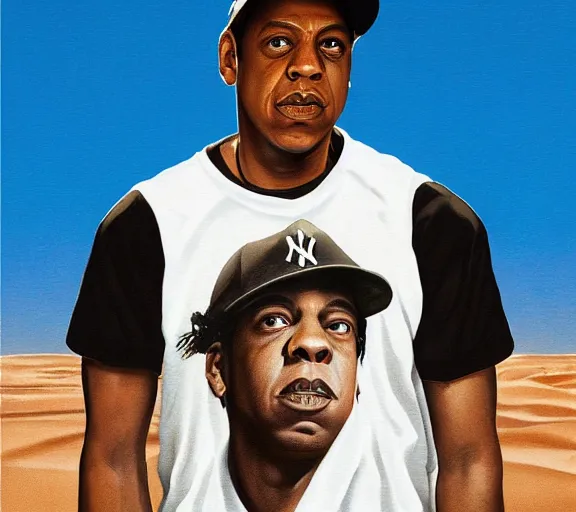 Image similar to portrait of jay - z wearing a yankee baseball hat and a black t - shirt, standing next to a camel, sand desert fantasy, matte painting, highly detailed, art by artgerm, artstation