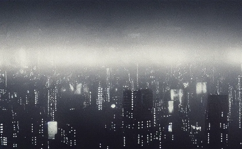 Image similar to 35mm night skyline urban photographic landscape of Blade Runner 1982 city with industrial fires and smog, futuristic dystopian megacity skyline, hard rain falling, neon