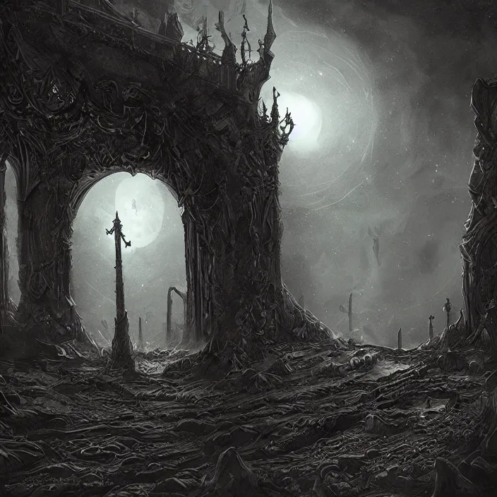 Image similar to gazing into the ominous dark etherial gate to the pitch black void, dark midnight, quiet and serene atmosphere, deviantart, concept art, intricate high detail masterpiece