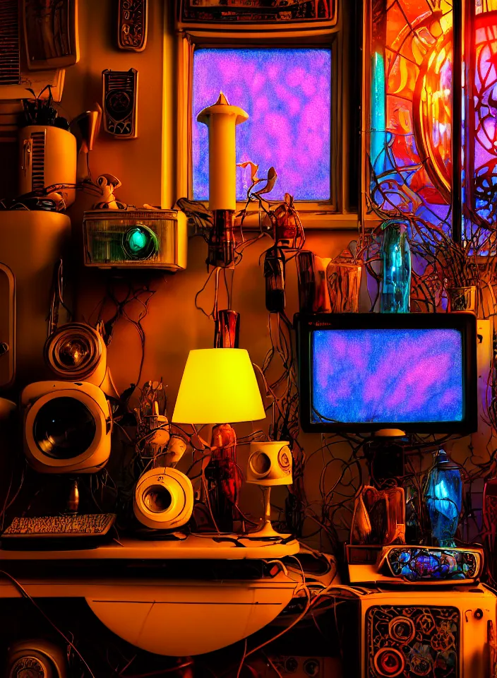 Prompt: telephoto 7 0 mm f / 2. 8 iso 2 0 0 photograph depicting the feeling of chrysalism in a cosy cluttered french sci - fi ( ( art nouveau ) ) cyberpunk apartment in a dreamstate art cinema style. ( ( computer screens, window rain, lava lamp, sink ( ( ( fish tank ) ) ) ) ), ambient light.