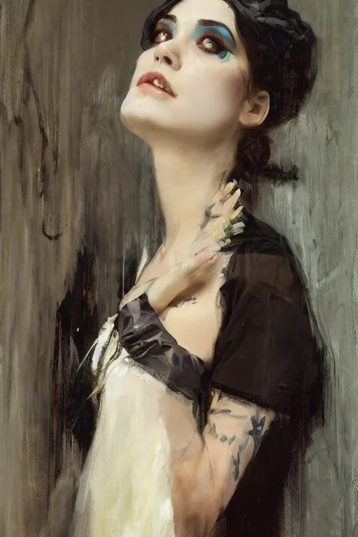 Prompt: Richard Schmid and Jeremy Lipking full length portrait painting of a young beautiful victorian steampunk vampire Priestess woman