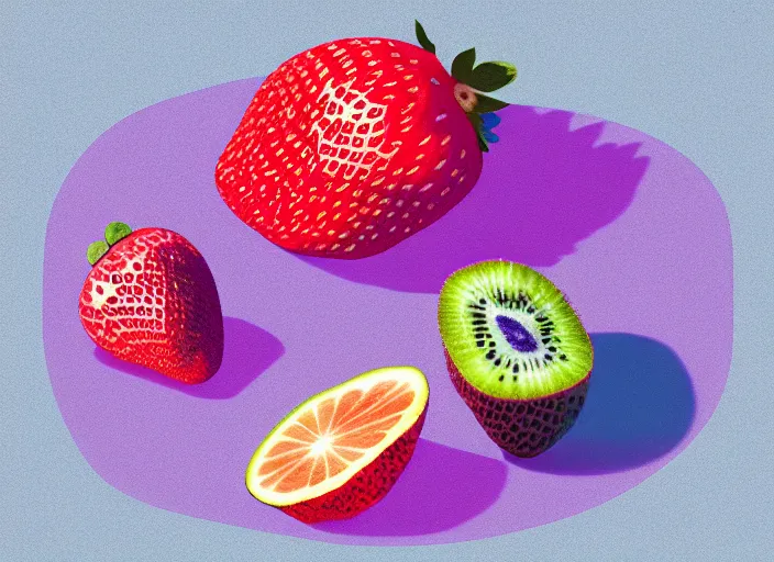 Prompt: ( ( dithered ) ), editorial illustration strawberries blueberries sliced kiwi sliced lemon inside a clear drinking bottle, isometric, modern art deco, mads berg, karolis strautniekas, christopher balaskas, stippled light, fog, fine texture, dynamic composition, matte print, muted color