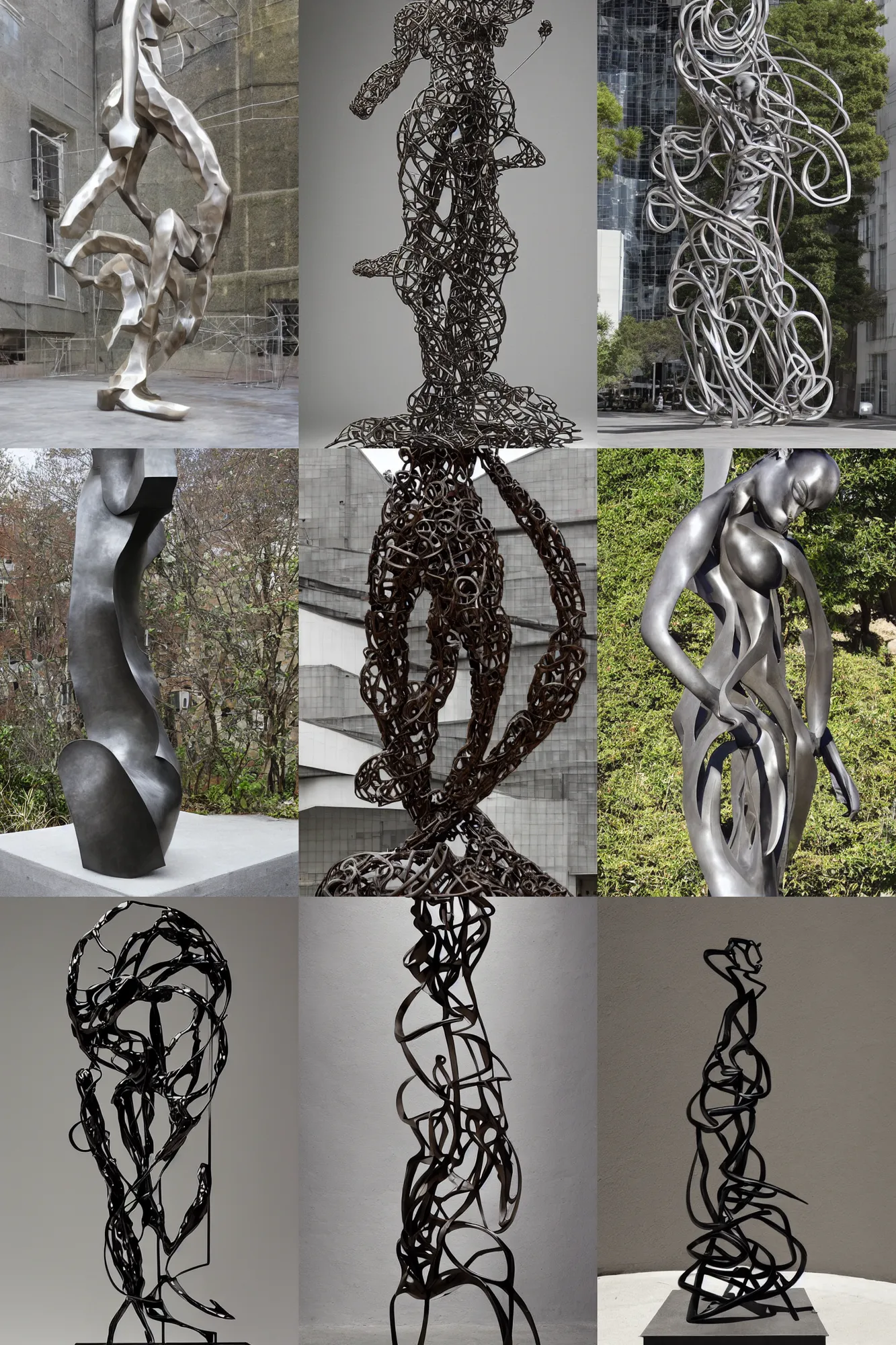 Prompt: Award-winning sculpture by Yoshitaka Amano ((((and Eduardo Chillida)))). The sculpture is a portrait of an angelical being. Made of steel, hyper-detailed. Studio lightning